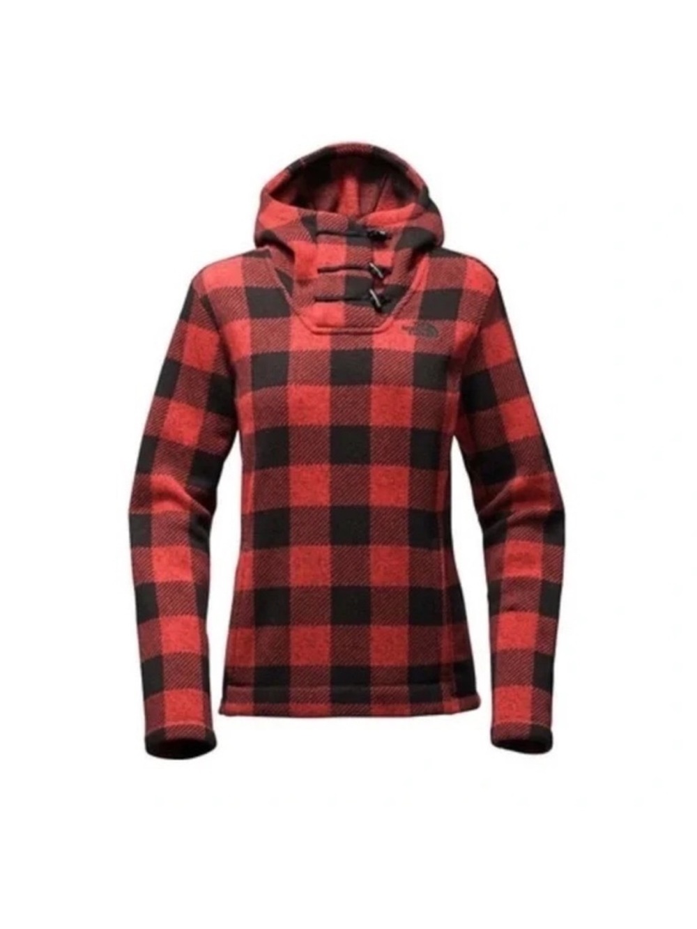 The North Face Women’s Red and Black Plaid Hooded Fleece Pullover
